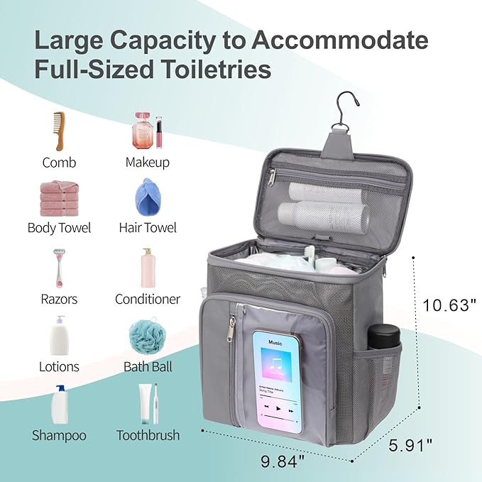 F-color College Dorm Essentials for Guys - Shower Caddy Portable with Hooks, Study, Quick-Dry Shower Caddy for Dorm Travel Essentials, Water-Resistant with Multiple Pockets for Easy Access, Grey