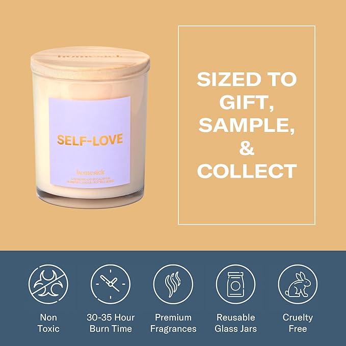 Homesick Scented Candles for Home (Self-Love) - 7.5 oz Long-Lasting Natural Soy Wax Blend Jar Candle Gift for Women & Men for All Occasions, 30-35 Hours Burn Time - Notes of Eucalyptus & Lavender