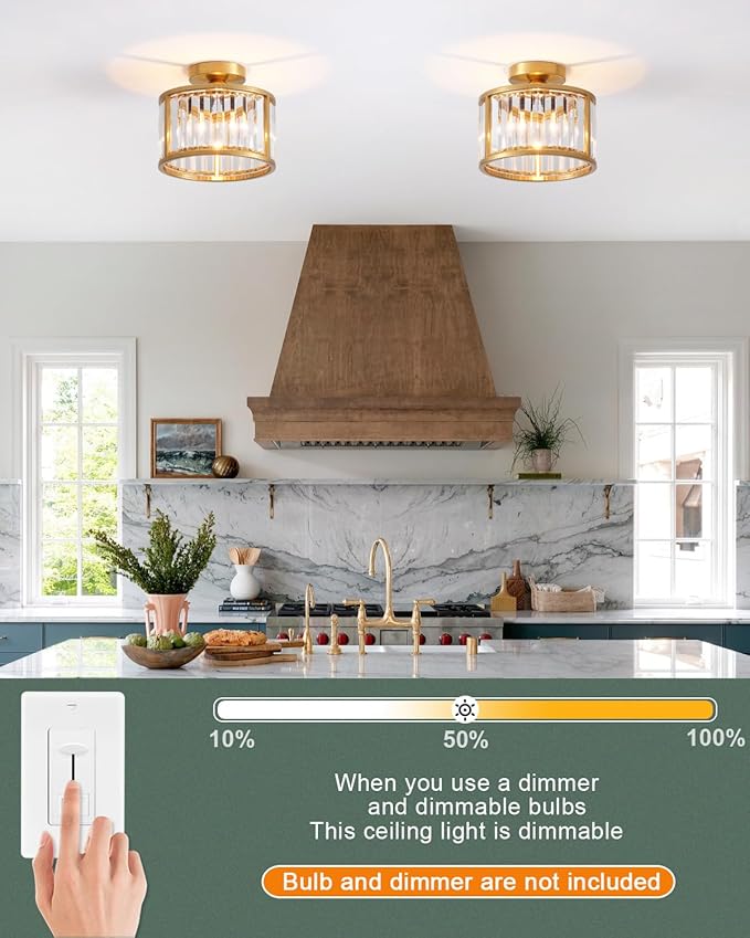 Black Flush Mount Ceiling Light, 2- Light Caged Crystal Chandelier, Small Drum Hallway Light fixtures Ceiling Mount (8.6 INCH Brass Gold（1-Light）)