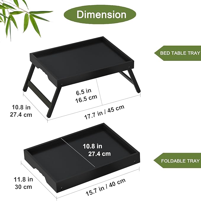 Bed Tray Table for Eating with Folding Legs, Bamboo Breakfast Table in Bed for Eating on Couch, Bed, Laptop Computer Tray(Black, Medium)