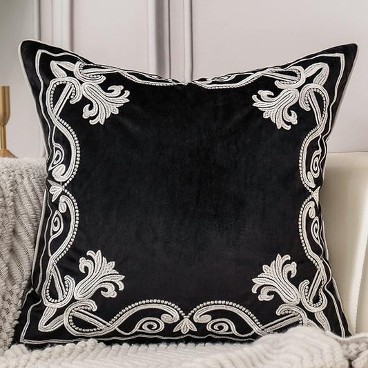 Aeckself European Floral Pillow Cover 16x16 Inch, Luxury Velvet Embroidered Decorative Throw Pillow Cover for Couch Bedroom Living Room, Black and White