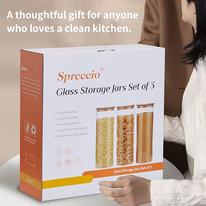 Glass Food Storage Jars with Lids[Set of 3], Perfect for Pasta, Cookies, Nuts, Coffee, Cereal, Flour, and More, Organize Your Kitchen and Pantry with these BPA-Free Glass Canisters