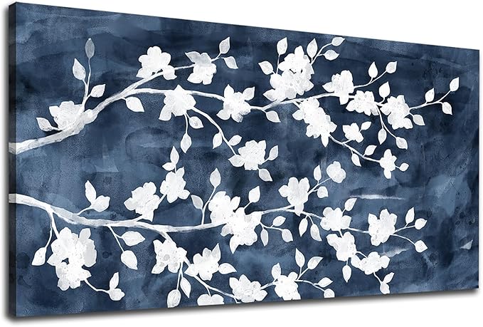 NINEASO Abstract Flowers Canvas Wall Art - Gray White Tree Floral Branches Pictures Wall Decor White Blossom Deep Indigo Blue Background Painting Artwork for Living Room Bedroom Home Decor 24" x 48"