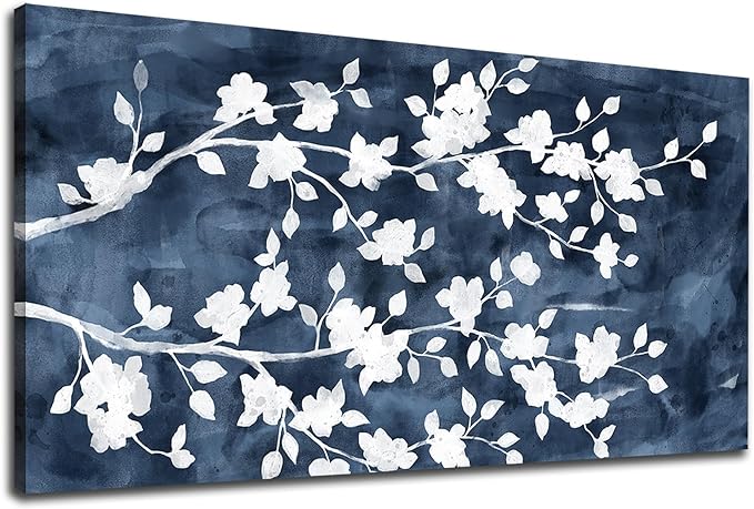 NINEASO Abstract Flowers Canvas Wall Art - Gray White Tree Floral Branches Pictures Wall Decor White Blossom Deep Indigo Blue Background Painting Artwork for Living Room Bedroom Home Decor 20" X 40"