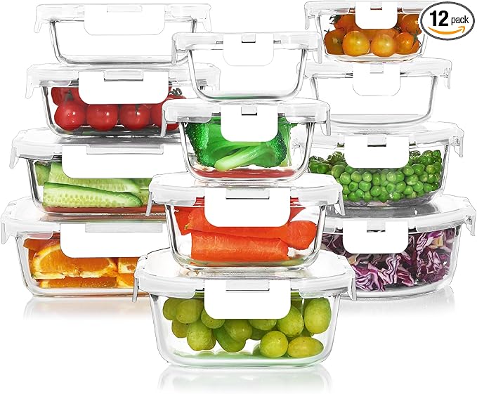 24 Pieces Glass Food Storage Containers Set,Glass Meal Prep Containers-Stackable Airtight Glass Storage Containers with lids,Freezer, Microwave, Oven Safe,White