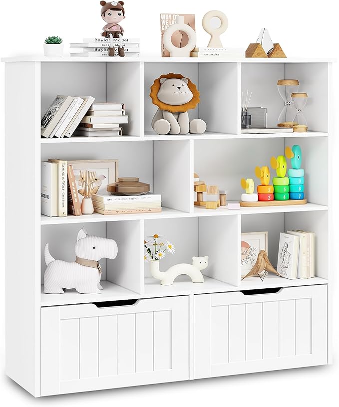 Toy Storage Organizer with Bookshelf, Large Toy Organizers and 2 Movable Drawers with Hidden Wheels and 8 Storage Cubbies, Kids Bookshelf and Toy Storage Chest, Playroom Furniture, White