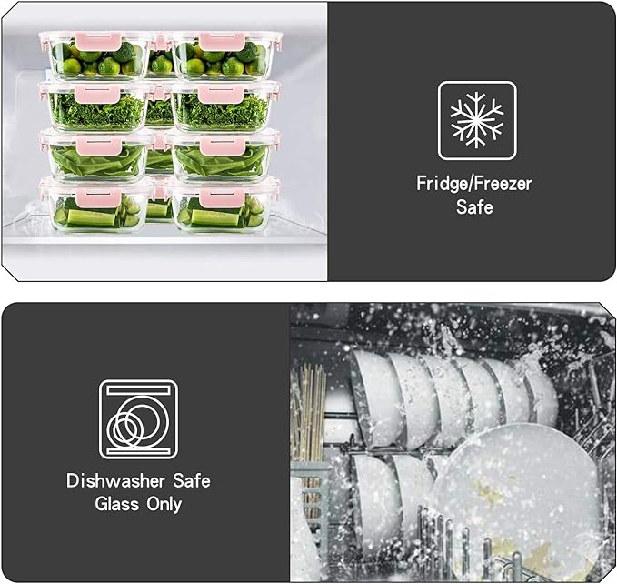 UMEIED 10 Pack Glass Food Storage Containers with Lids Leakproof, Airtight Glass Meal Prep Containers For Lunch, On The Go, Leftover, Dishwasher Safe