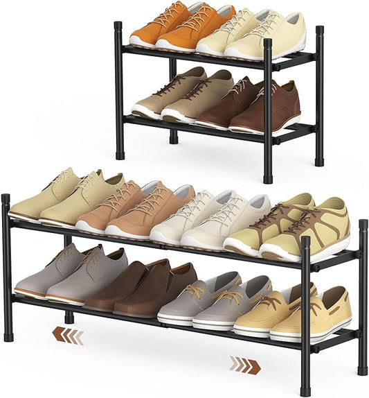 Expandable Shoe Rack, 2 Tier Shoe Rack for Closet, Stackable Adjustable Standing Metal Shoe Shelf Organizer Storage, Small Shoe Racks for Front Door Entrance、Entryway(Black)