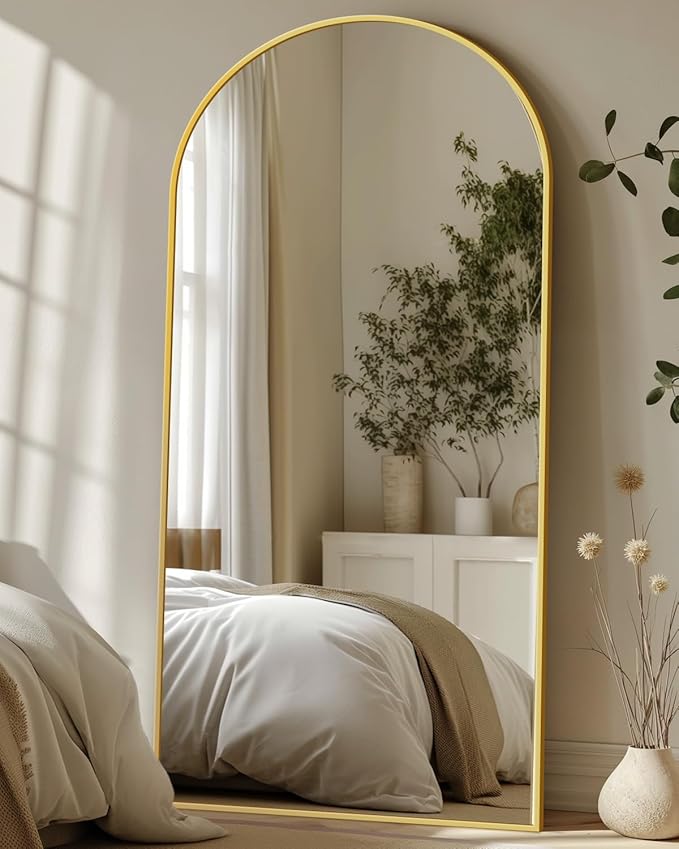 Antok Full Length Mirror, 71"x32" Floor Mirror with Stand, Hanging Mounted Mirrors for Bedroom, Living Room, Cloakroom, Dining Room, Gold, Arched