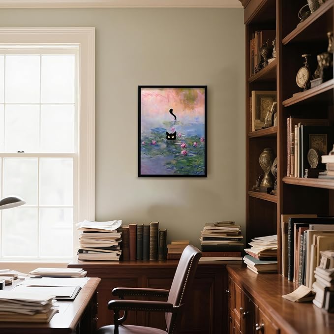 Krtoni Framed Funny Black Cat Canvas Wall Art, Black Cat in the Pink Water Lily Wall Decor, Vintage Preppy Aesthetic Animal Posters Prints for Living Room Bedroom Bathroom Decor 16''L x 12''W