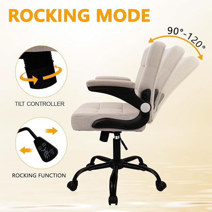 CLATINA Fabric Office Chair Ergonomic Cloth Linen Swivel Desk Chair with Back Support and Padded Flip up Armrests, Executive Rolling Computer Chairs for Work, Conference, Home, Study, Beige, 2 Pack