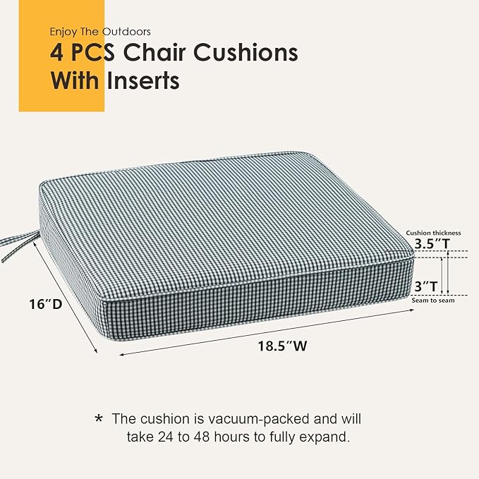 Outdoor Square Corner Seat Cushion, 18.5"x16"x3", Set of 4, Non Slip Seat Cushion Pads with Removable Cover for Patio Furniture, Garden Yard Lawn, Black White Mini Check