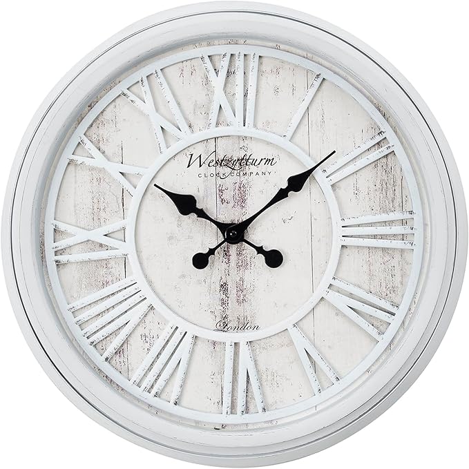 20 Inch Farmhouse Wall Clock, Vintage Wood Silent Non-Ticking, Battery Operated Retro Round Decorative Clock for Kitchen, Living Room, Bedroom,Office,Grey White