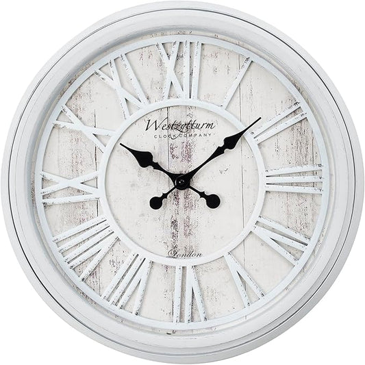 20 Inch Farmhouse Wall Clock, Vintage Wood Silent Non-Ticking, Battery Operated Retro Round Decorative Clock for Kitchen, Living Room, Bedroom,Office,Grey White