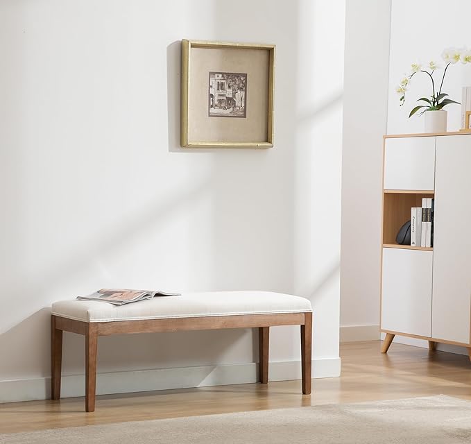 Linen Dining Bench Upholstered Entryway Bench Farmhouse Shoe Bench Seat Ottoman for Hallway Living Room Bedroom End of Bed Dining Room Kitchen, 45.5" Long, Beige