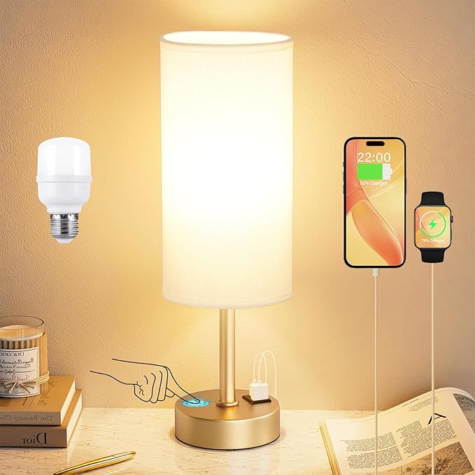 Elegant Gold Touch Table Lamp, Modern Wedding Gift for Couples, Bedside Lamps with USB-C USB-A Charging Ports, 3 Way Dimmable Small Lamp for Office, Living Room, Bathroom