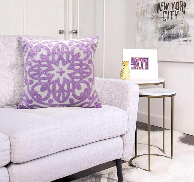Alysheer Embroidered Decorative Throw Pillow Cover 18"x 18", Boho Mandala Modern Thick Embroidery Pattern Durable Cotton Canvas Soft Cushion Case for Sofa Couch Bed Living Room (Lilac Lavender)