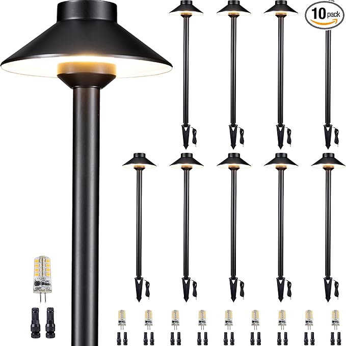 Brass Landscape Path Lights - 12V Low Voltage Pathway Light IP65 Waterproof, Outdoor Walkway Lighting Wired, Hat Black for Patio Lawn with 3W 4000K Neutral White G4 Bulb (10 Pack)