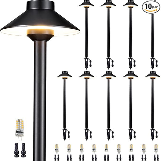 12V Brass Landscape Path Lights - LED Low Voltage Pathway Lamp IP65 Waterproof, Outdoor Walkway Lighting Wired, Hat Black for Patio Lawn with 3W 270LM 5000K Daylight G4 Bulb (10 Pack)