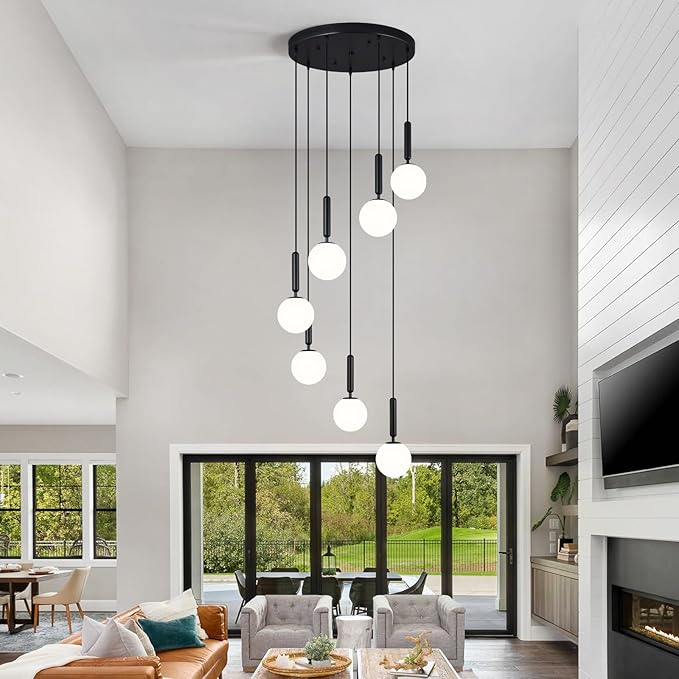 7-Lights Black Chandelier with Milk White Glass Hanging Fixture Light for Kitchen Island Mid Century Modern Globe Pendant Light for Foyer Living Room Entryway Hallway