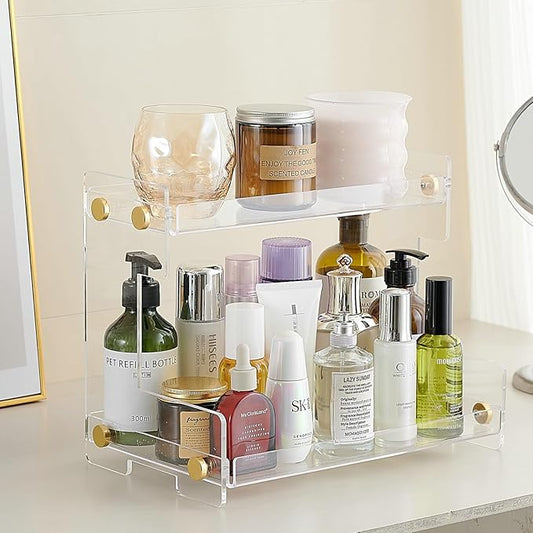 FFK Bathroom Organizer Countertop 2-Tier Storage：Bathroom Counter Organizer Acrylic Standing Holder Cosmetic Storage Perfume Shelf for Bathroom Bedroom Dressing Table1