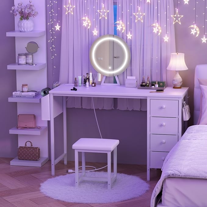 White Vanity Desk with Mirror and Light- Makeup Vanity Set Table with Chair, Storage, Lighted Mirror, 4 Large Fabric Drawers & Power Outlet, Dressing Table Vanities for Girls Bedroom
