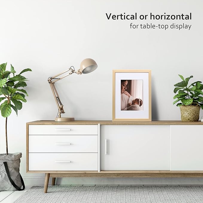 KINLINK 9x12 Picture Frames Natural, Solid Wood Frames with Acrylic Plexiglass for Pictures 5x7/6x8 with Mat or 9x12 without Mat, Tabletop and Wall Mounting Display, Set of 4