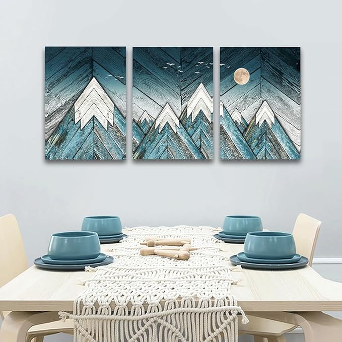 MHARTK66 Wall Art for Living Room Wall decoration for Bedroom office modern family Wall Artworks mountain Pictures blue Abstract Vintage wood grain 3 Piece Home Decor large Canvas Frame Art Prints