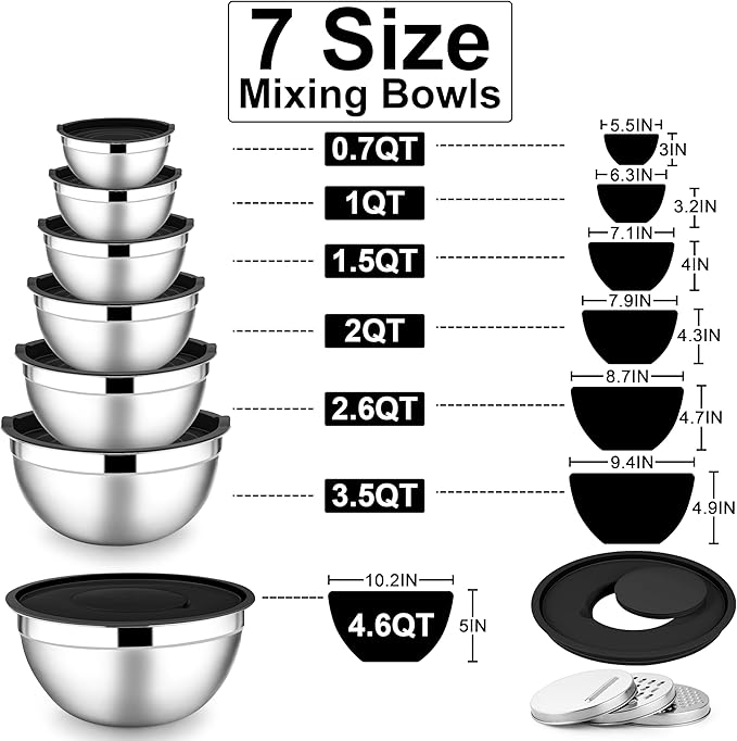 E-far Mixing Bowls with Lids Set, 7-Piece Stainless Steel Metal Mixing Bowls with 3 Grater Attachments, Size 4.6, 3.5, 2.6, 2, 1.5, 1, 0.7QT, Nesting Design & Black Airtight Lids, For Baking/Cooking