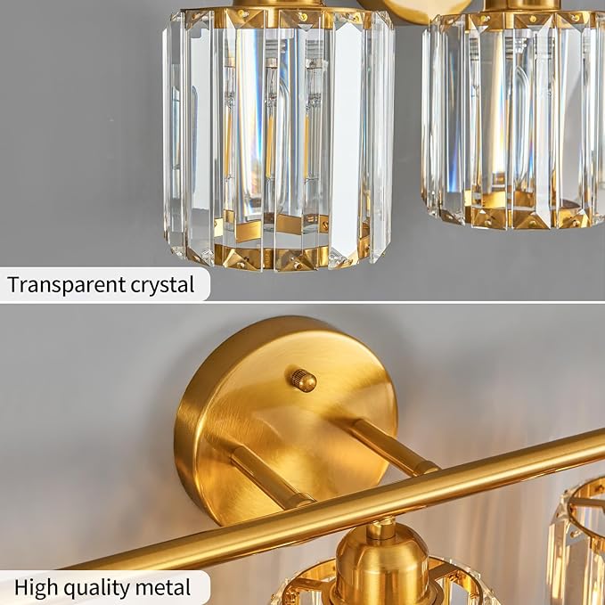 Modern 3 Light Crystal Vanity Light, Brushed Gold Vertical Bathroom Light Fixture Over Mirror for Dressing Table Sink, Compatible with Dimmable Bulbs (Bulbs Not Included)