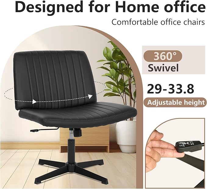 FDW Criss Cross Chair Armless Cross Legged Office Chair Adjustable Swivel Ergonomic Desk Chair No Wheels with Wide Seat Native Sponge Computer Task Vanity Chair for Home Office Dark Black
