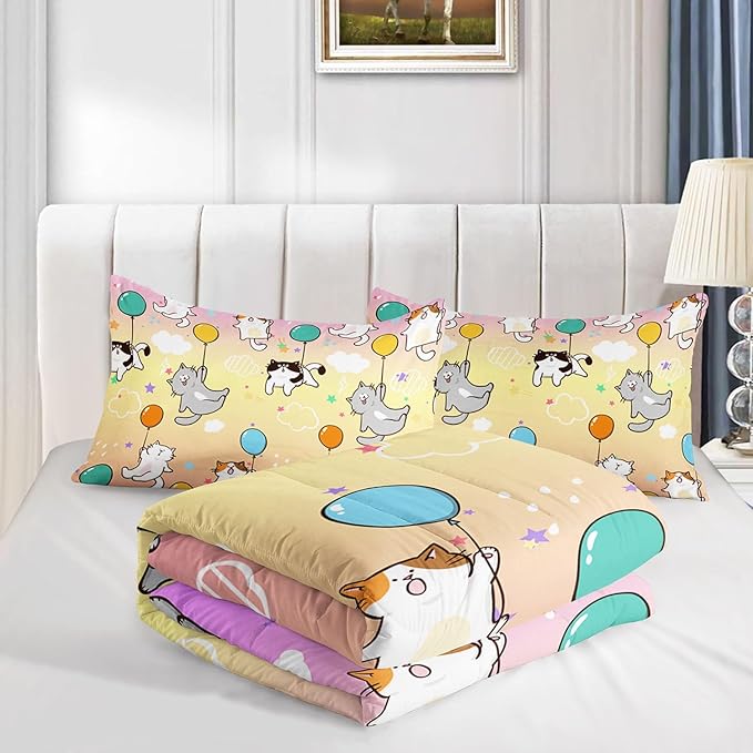 Kids Comforter Set Cute Cats Printed Pattern Bedding Set with 1 Comforter and 2 Pillowcases for Girls Boys Bedroom All Season(Cat1 Twin)