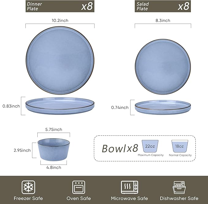 Herogo 24-Piece Stoneware Dinnerware Set for 8, Dinner Plates and Bowls Sets, Double Reactive Glaze Dishware Place Setting for Kitchen, Scratch Resistant, Microwave Safe, Haze Blue