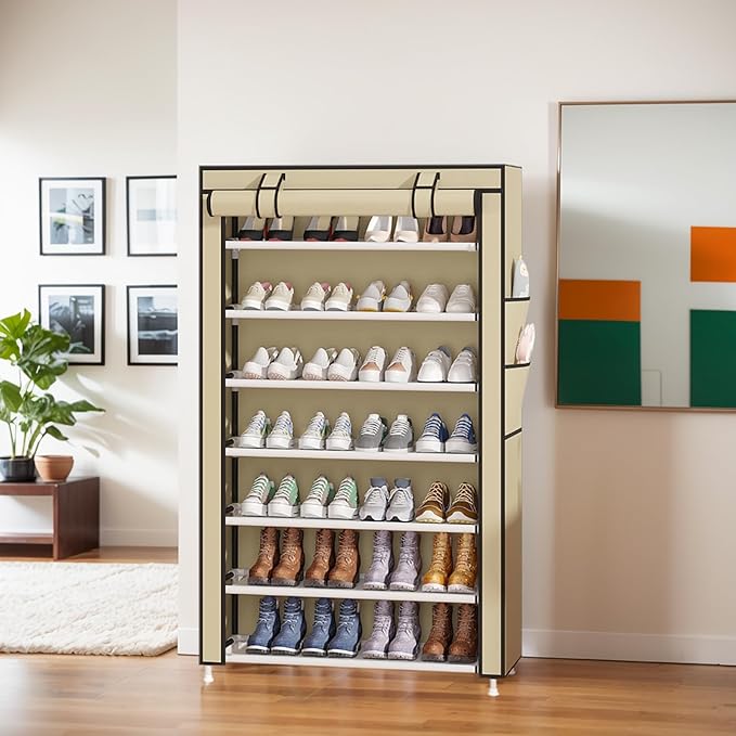 Laiensia 7-Tier Vertical Shoe Rack Organizer, Space Saving Shoe Storage Organizer, Non-Woven Cover Shoe Shelf Holds 28-35 Pairs for Bedroom, Hallway, Closet Entryway, Beige