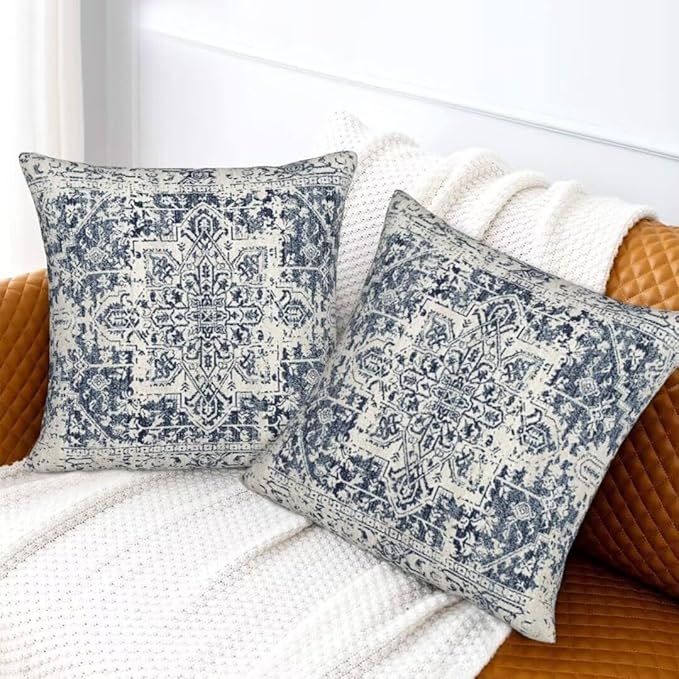 Boho Pillow Covers 24x24 Set of 2, White Navy Blue Carpet Pattern Outdoor Decorative Throw Pillows Ethnic Rustic Farmhouse Cushion Cases Linen Gifts for Couch Sofa Decor