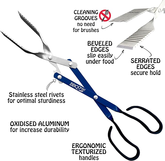 BBQ Croc 3 in 1 Barbecue Tool 18-inch - Lightweight and Long Tongs, Spatula and Grill Scraper (Blue) (18 inch Without Flashlight)