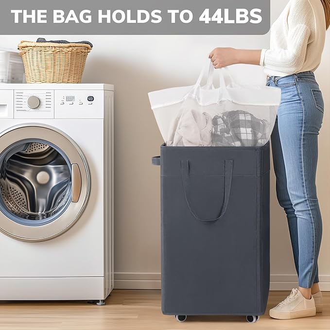 Goodpick Laundry Basket with Wheels, 75L Laundry Hamper, Dorm Room Essentials with Removable Wash Bag for Laundry Room, Rolling Laundry Basket with Handles, Grey