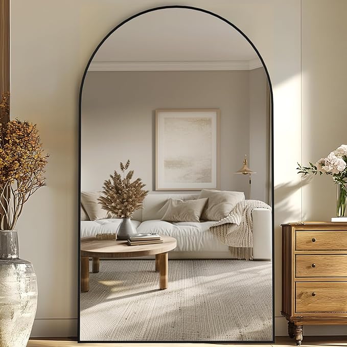Full Length Mirror, 91"x46" Oversized Floor Mirror Freestanding, Full Body Mirror Floor Standing Mirrors with Stand, Hanging Mounted Mirrors for Bedroom Living Room, Black, Arched Style