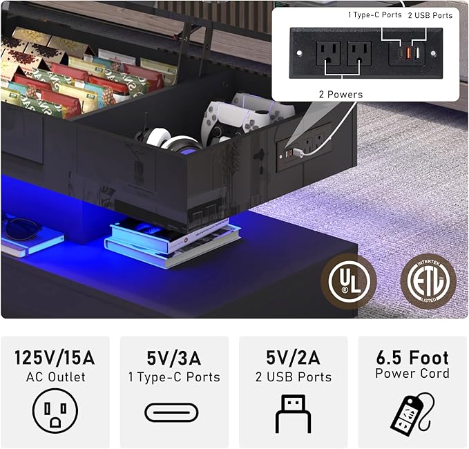 47.2" Large Lift Top Coffee Table,Modern High Glossy LED Coffee Tables for Living Room with Storage,Black Living Room Tables for Living Rooms,Dining Room,Bedroom Home Office,APP LED Lights（Black）