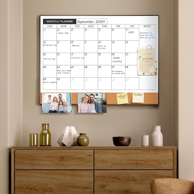 ARCOBIS Dry Erase Calendar with Cork Board for Wall, 24"x 18" Magnetic Calendar Whiteboard with Black Frame, Monthly Combination Board for School, Home, Office