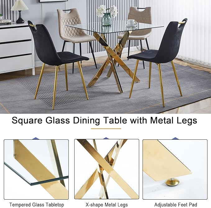 Henf 36'' Tempered Glass Dining Table for 2-4 People, Square Kitchen Table with Gold X-Base Metal Legs, Adjustable Feet, Glass Desk for Small Space, Gold Square Dining Room Table for 4