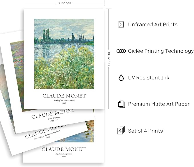 EVOLE HOME Claude Monet Art Prints, Set of 4 Wall Art, Unframed 8x10 Art Prints, Giclée Prints, Impressionism Art Poster for Home Decor, Office Wall Decor, Gift for Men, Women