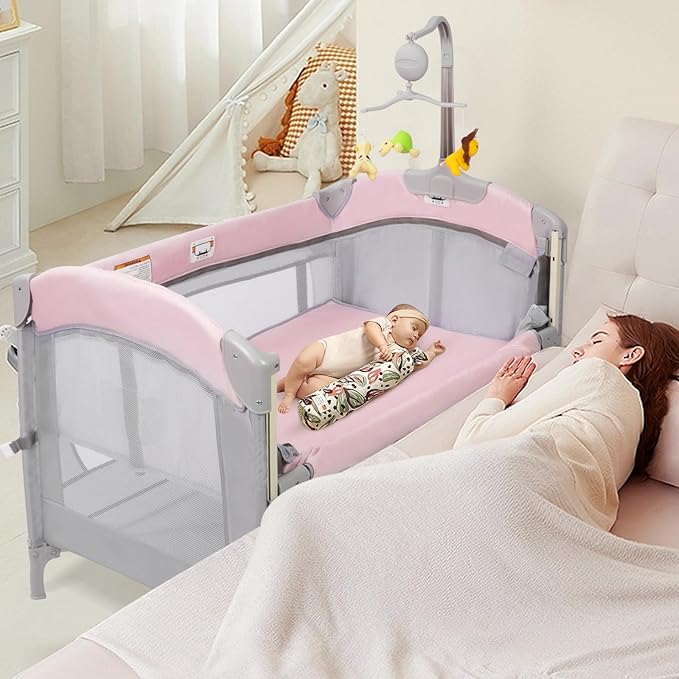 SIMPLGIRL 5-in-1 Baby Bassinet Bedside Crib, Pack and Play Long Next to Bed Crib with Toys & Music Box, Mattress, Foldable Playard, Playpen Travel Bed Nursery Center for Infant Newborn