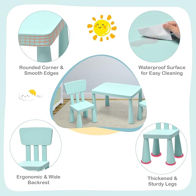 LDAILY Kids Table and Chairs, 3-Piece Children Arts Nursery Furniture for Drawing, Reading, and Painting, Light Weight Plastic Activity Kids Desk and Chair Set for Playroom, Kindergarten (Green)