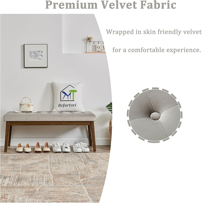 End of Bed Bedroom Bench, Linen Upholstered Tufted Bench for Bedroom End of Bed with Solid Wood Legs for Bedroom Living Room Entryway(Gray)