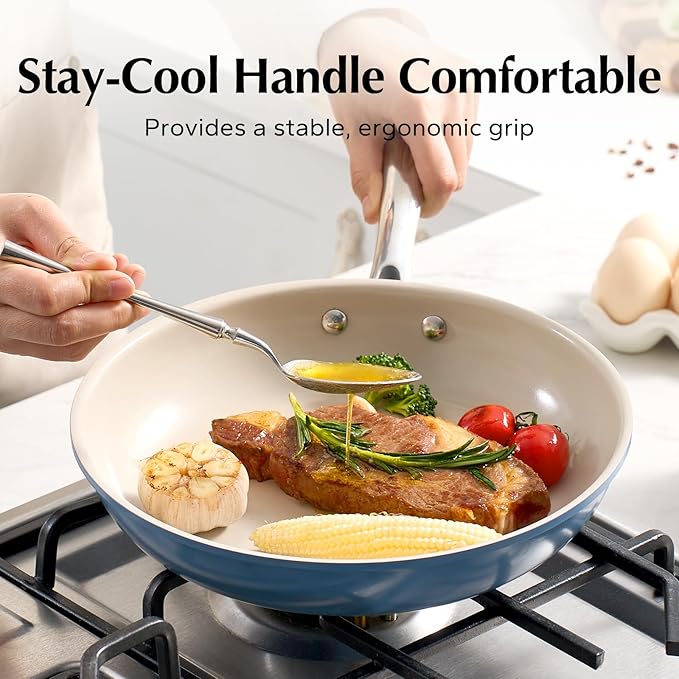 Redchef Ceramic Non Stick Egg Pans, Nonstick Frying Pan Skillet, 8 inch Cooking Pan Non Toxic with Stay Cool Handle for Induction, PTFE & PFAS & PFOA Free, Dishwasher/Oven Safe (Blue)