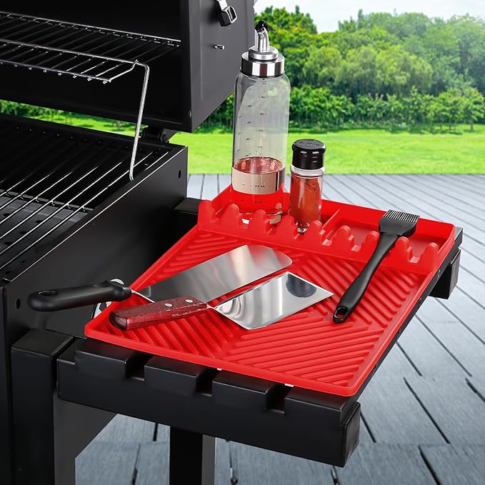 Griddle Mat Barbeque Grill Accessories Tools for Blackstone, Side Shelf Mat Grill Pad for Outdoor Grill Kitchen Counter Spatula Silicone Mat with Drip Pad for Kitchen, Cooking, Countertop (Red)