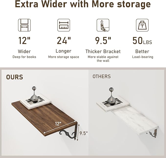 Deep Floating Shelves, 24" W x 12" D Wall Shelves Set of 2, Wide Display Shelf Wall Mounted with Brackets, Bookshelf for Living Room, Bathroom, Bedroom, Walnut