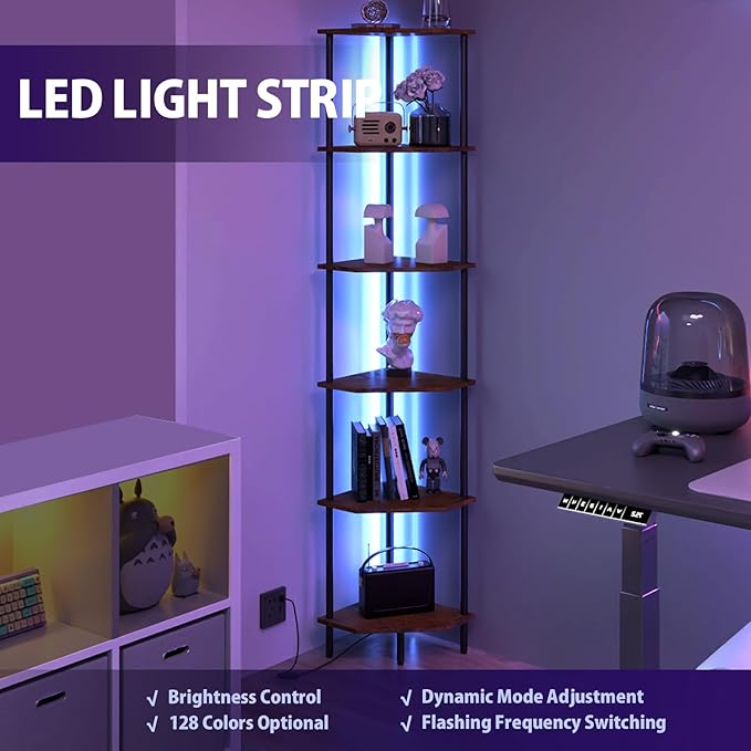 6 Tier Corner Shelf with LED Light,Tall Standing Shelf Organizer,Narrow Bookshelf,The Classic Combination of Rustic Brown and Black Standing Bookcase,Suitable for Bedroom,Living Room,Kitchen