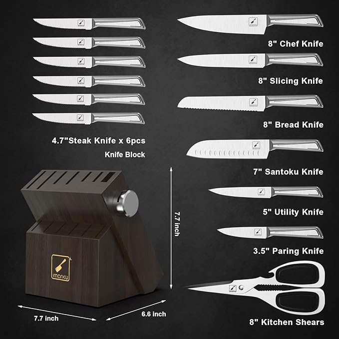 imarku Kitchen Knife Set with Block and Built-in Sharpener, Japanese Stainless Steel 14-Piece Knife Set with Utility Knife, Dishwasher Safe, Non-Slip Ergonomic Handles, Essential Gift for Home Cooks